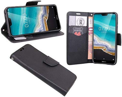 cofi1453 Elegante Buch-Tasche Hülle kompatibel mit Nokia 7.1 (2018) in Schwarz Leder Optik Wallet Book-Style Cover Schale