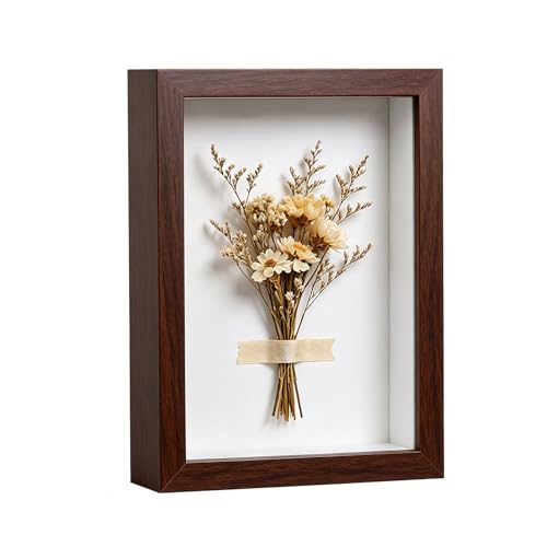 5x7 Shadow Box - Walnut Color Wooden Deep Picture Frame with Shatter-Resistant Panel for Wall Decor | 3D Display Case for Military Medals Flowers Photos and Crafts | Easy to Open & Ready to Hang Gift