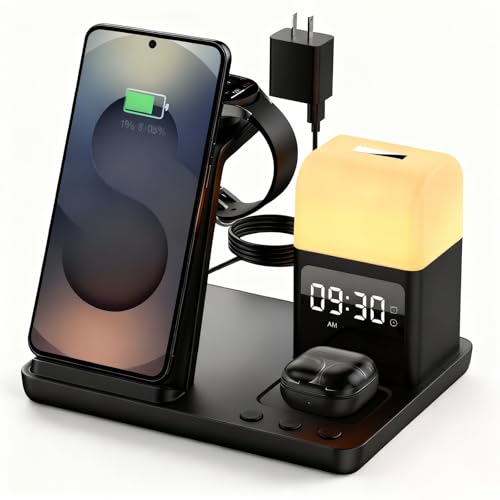 Wireless Charger for Samsung/Android Charging Station, 6 in 1 Fast Watch Charger with Alarm Clock-Night Light, Compatible for Galaxy S25 Ultra/S24/S23, Only for Samsung Watch7, Galaxy Buds3 Pro(Black)