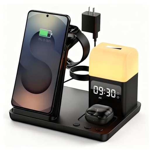 Wireless Charger for Samsung/Android Charging Station, 6 in 1 Fast Watch Charger with Alarm Clock-Night Light, Compatible for Galaxy S25 Ultra/S24/S23, Only for Samsung Watch7, Galaxy Buds3 Pro(Black)