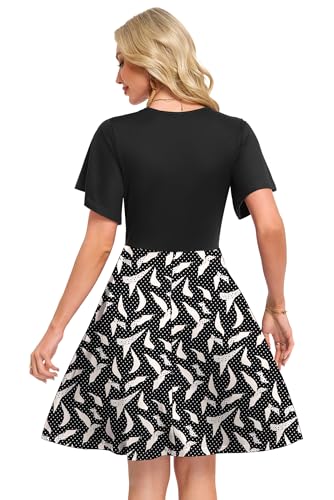 AUSELILY Damen Kleid Sommer Strandkleid Rüschenärmeln V-Ausschnitt Elastischer Taille und Taschen Swing Urlaubskleid Punkte Aprikose XXL 4