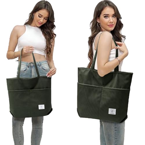 Image of KALIDI Women Corduroy Tote Bag Zipper Casual Tote's Handbag Big Capacity Shoulder Bag with Pockets