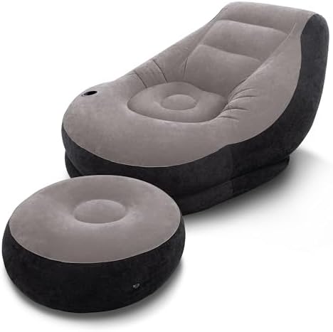 INTEX 68564EP Ultra Lounge Inflatable Chair: Built-in Cupholder – Ottoman Foot Rest – 2-in-1 Valve – Flocked Construction – 220lb Weight Capacity