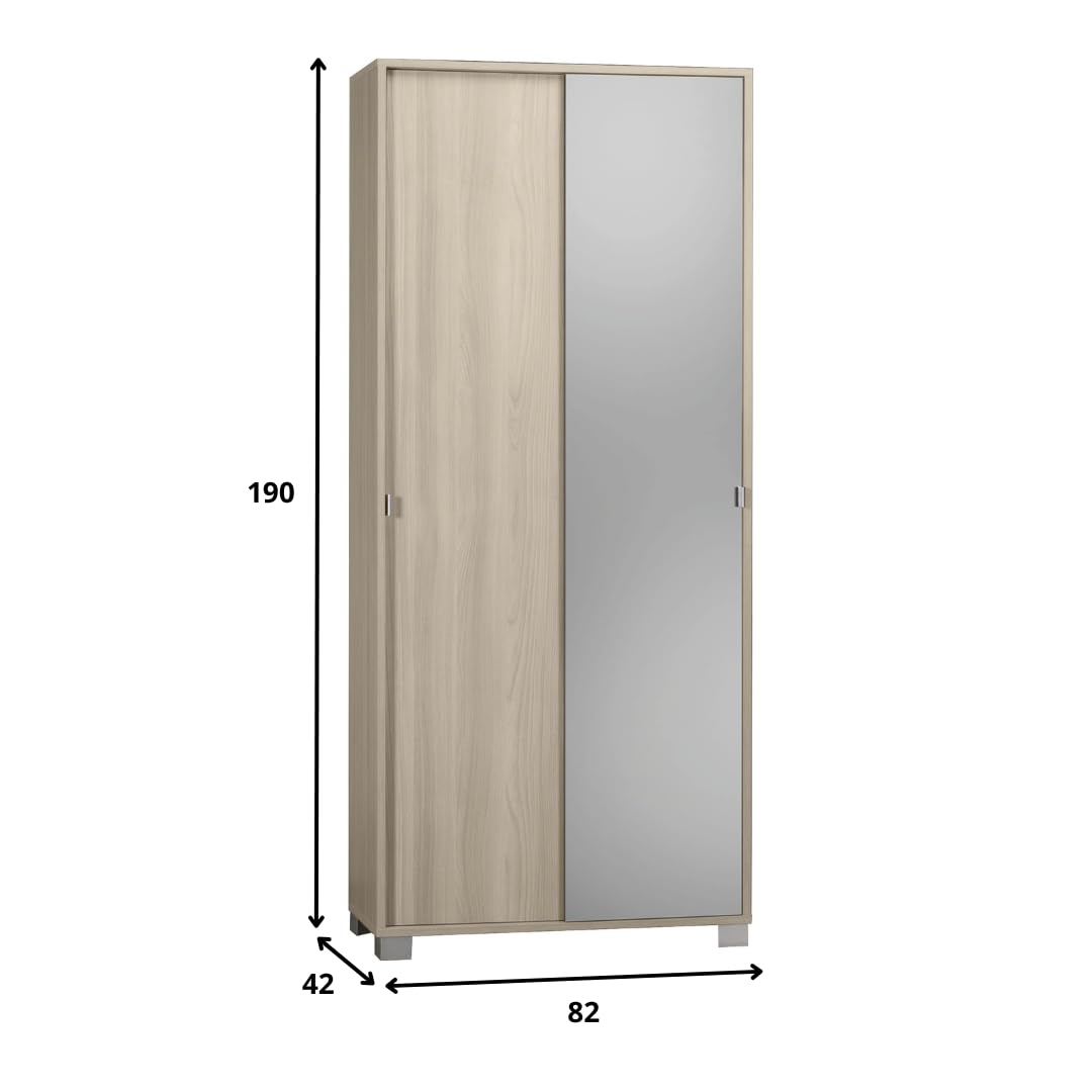 Sarmog Armadio2 Ante Scorrevoli, Armadio 2 ante, Armadio Salvaspazio, Armadio camera da letto, Armadio 2 ante con ripiani, 82x41x h190 cm (Specchio, Olmo Chiaro)