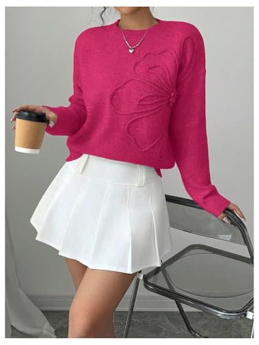 Image of RoseSeek Women's 3D Floral Appliques Crewneck Sweaters Long Sleeve Drop Shoulder Pullovers Elegant Knit Tops