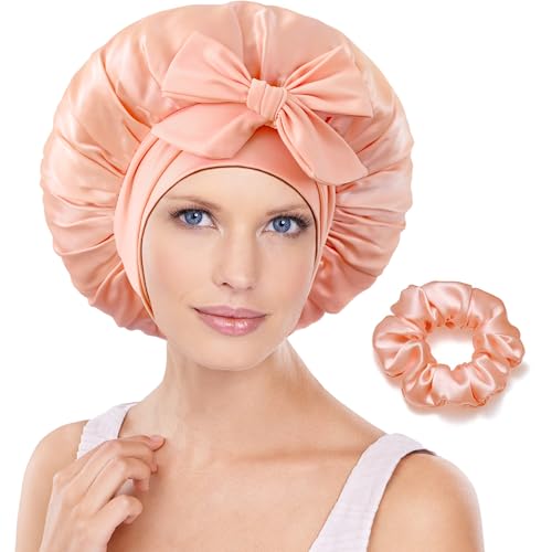100% Mulberry Silk Bonnet for Sleeping Women, Pure Real Silk Bonnet with Tie, Hair Bonnets for Women Sleeping, Double Layer Large Sleep Cap for Curly Hair Braids Long Hair