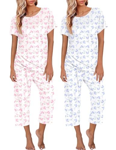Image of Ekouaer 2 Pack Womens Pajamas Sets Short Sleeve Tops and Capri Pants Pjs Colorful Printed Sleepwear Sets
