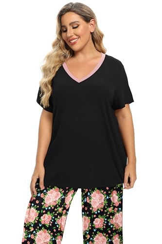 Image of Vozanet Women's V Neck Sexy Pajamas Capri Sets Mexican Style Floral Sleepwear 2PCS Totem Casual Nighty Plus Size M to 5XL