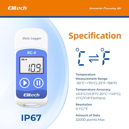 Elitech RC-5 Temperatur Datenlogger Mini USB Temp Rekorder Interner Sensor PDF-Berichte Hohe Genauigkeit Temperatur Data Logger 32000 Punkte Record Wasserdicht nach IP65 für Lager Labor