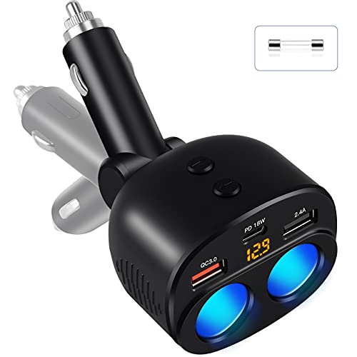 OOWOLF Cigarette Lighter Adapter, 100W 2-Socket Car Charger 12/24V 1 PD Port QC 3.0 Cigarette Lighter Splitter Separate Switch LED Voltage Display Built-in Replaceable 10A Fuse