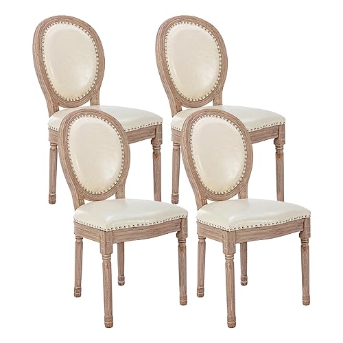 Image of Virabit French Country Dining Chairs Set of 4, Leather Dining Chairs with Curved Backrest, Vintage French Accent Chairs for Living Room, Kitchen, Restaurant (Beige)