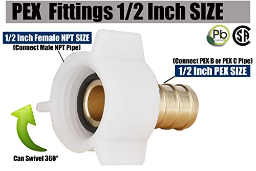 Whk Pex Adapters 1/2 Inch X 1/2 Pex Female Fittings Npt Pex Swivel Adapter,Rv Pex Plumbing Fittings Brass Crimp Fitting Pex Faucet Connector - Lead-Free(6Packs) #TOP1