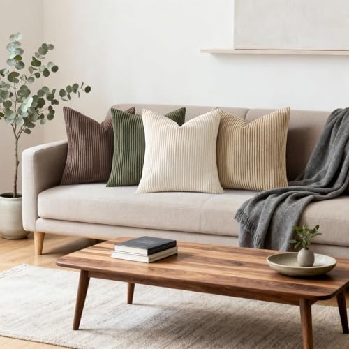 Image of Mecatny Corduroy Decorative Throw Pillow Covers 18x18 Set of 2 for Sofa Living Room, Soft Neutral Boho Couch Pillow Covers for Home Decor, Chocolate