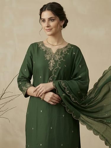 Image of INDO ERA Women's Silk Blend Embroidered Straight Kurta Pant with Dupatta Set