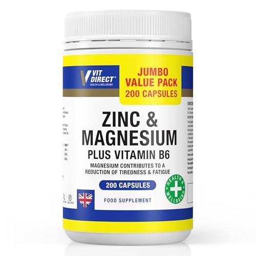 Vit Direct - Zinc and Magnesium Supplements with Vitamin B6 - Jumbo Pack - 200 Capsules - Supports Energy Reduces Tiredness & Fatigue - Promotes Healthy Hair Nails Skin & Bones