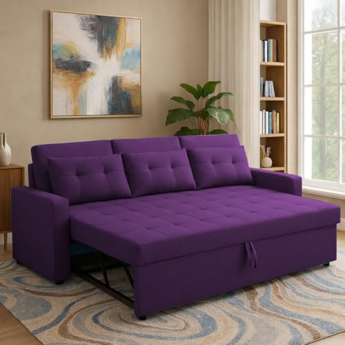 Image of Casaliving Treshta Seater Pull-Out Premium Fabric Sofa Cum Bed Sofa Set for Living Room Premium Fabric Sofa Set for Living Room Sofa Cum Bed (Purple, 3 Seater)