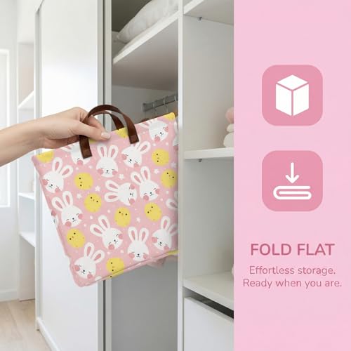 Image of Large Cute Easter Basket for Kid Empty Gift Baby Rectangle Storage Bin Bunny Eggs Boy&Girl Room Decor (Rabbit Chicken Star Pink)