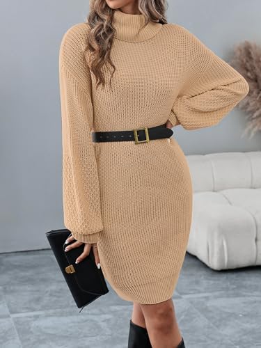 Image of Women's Turtleneck Textured Lantern Sleeve Ribbed Knit Mini Dress Pullover Oversized Sweater Dresses S-XL