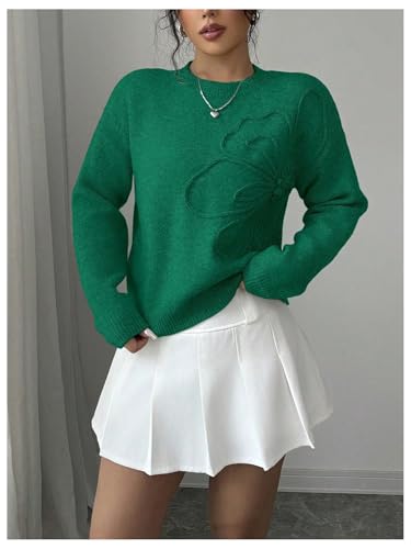 Image of RoseSeek Women's 3D Floral Appliques Crewneck Sweaters Long Sleeve Drop Shoulder Pullovers Elegant Knit Tops