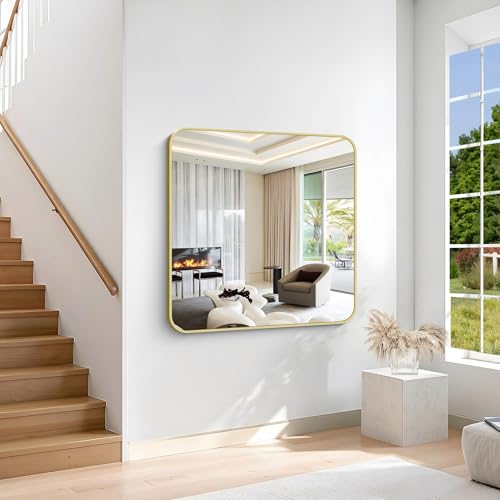 Image of Gold Bathroom Mirror, 42x42 Inch Metal Framed Square Mirror, Rounded Corner Gold Vanity Mirror, Large Wall Mounted Mirrors for Living Room Bedroom Entryway Hangs Horizontal or Vertical