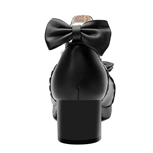 100FIXEO Women's Goth Platform Mary Jane Chunky Heels Kawaii Round Toe Ankle Strap Double Bow Cross-Tied Dress Pumps3