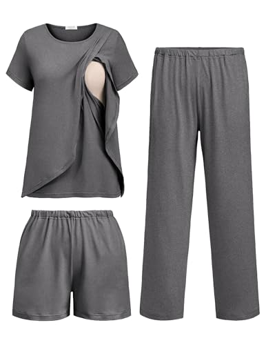 Image of Ekouaer 3 PCS Maternity Nursing Pajamas Set Postpartum Breastfeeding Short Sleeve Shirts, Pregnancy Shorts & Pants Pjs S-XXL