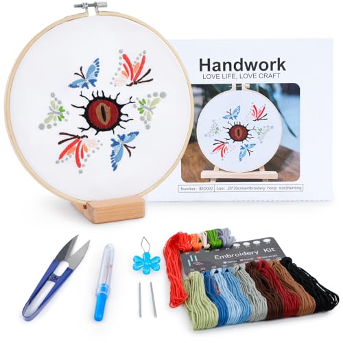 Image of Embroidery Kit for Adult Beginners, Butterfly Embroidery Kit with Step-by-Step Instructions and Video,Printed Cloth,7.87 inch Hoop, Display Stand,Color Threads,Threader & Needles for Craft Lover(BED002)