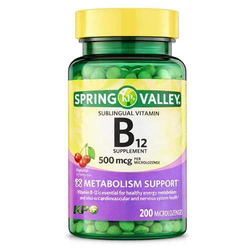 KP+ Spring Valley Vitamin B12 | B12 500 mcg Vitamin Supplement | Metabolism Support | Natural Cherry Flavor | 200 Microlozenges | Pack of 1