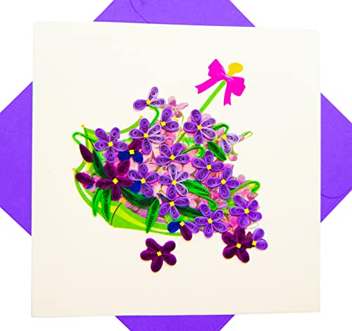 Basket Of Violets, Quilled Card, Quilling Card 3D - Unique Dedicated Handmade, Design Greeting Card For Birthday, Valentine's Day, Mothers Day, Spring, Fathers Day, Graduation, Wedding, Anniversary, Thank You, Get Well, All Occasion | 6" X 6" #TOP13