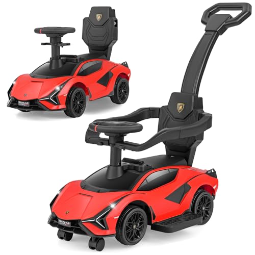 OLAKIDS 3 in 1 Ride on Push Car, Licensed Lamborghini SIAN Baby Sliding with Parent Control Handle Universal Wheels Guardrails, Toddlers Walking Toy with Music, Under Seat Storage (Red)