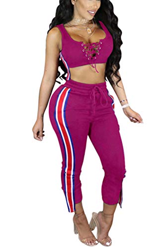Women's 2 Pieces Outfits Lace Up Crop Tank Top+Ankle Pant Sweatsuits Set Tracksuits Small Rose