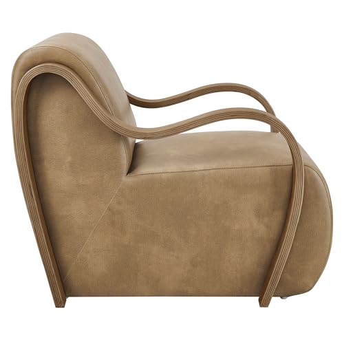 Sillón lounge de cuero vegano tostado con brazos de madera miniatura 6