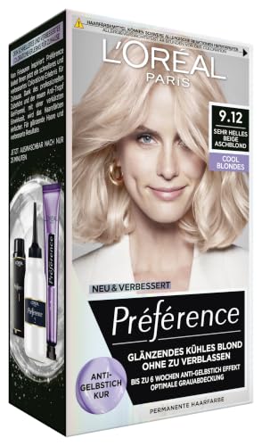 LOréal Paris Permanente Haarfarbe mit kühlem Farbergebnis Haarfärbeset mit Coloration und Anti Gelbstich Pflegebalsam Préférence Cool Blondes Nr. 9.12 Sehr helles beige Aschblond (Alaska) 1 Stück