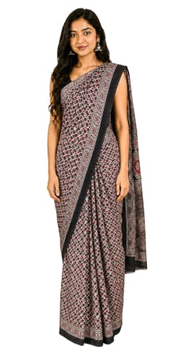 Image of Ethnics of Kutch Womenss Ajrakh Modal Silk Natural Dye Hand Block Print Saree with Blouse Piece - 5.5 Mtr Length