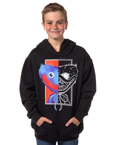 Mad Engine Poppy Playtime Boys Huggy Split Face Jumpscare Pullover Hoodie (Medium) Black