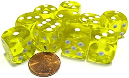 Set of 10 D6 16mm Round Corner Transparent Dice - Yellow with White Pips image 2