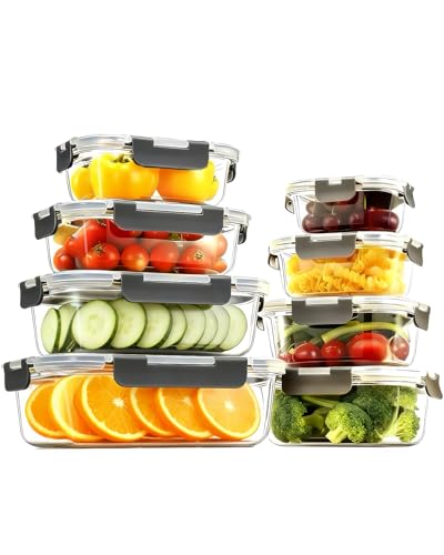 KUMD 16-Piece Set (8-Pack) Borosilicate Glass Food Storage Containers with Upgraded Detachable Locking Lids - Assorted Rectangular and Square Meal Prep Boxes Microwave/Oven Safe