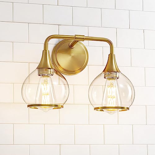 Image of Gold Bathroom Light Fixtures 2-Lights Vanity Lights with Clear Glass Shade Bathroom Vanity Light 14 Inch Wall Sconces(Exclude E26 Bulb)