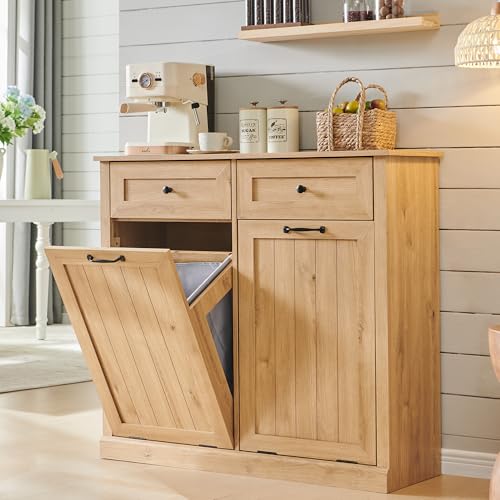IFGET Double Tilt Out Trash Cabinet, 20 Gallon Farmhouse Laundry Hamper Cabinet with 2 Drawers, Hidden Wooden Trash Can Cabinets with Storage Basket for Kitchen, Living Room (Natural)