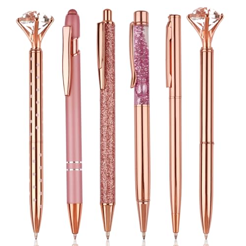 Kugelschreiber Roségold Set - 6 Stück Schöne Glitzer Mit Großem Diamant, Pink, Rosa - Geschenke für Frauen, Mädchen, Brautjungfer, Hochzeit, Büro