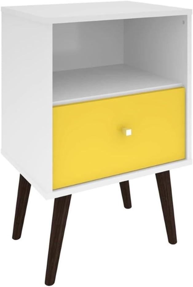 Pemberly Row Solid Wood End Table, 1 Drawer with Open Cubby, 27 in Height, White and Yellow Finish, Mid-Century Modern Style, Living Room Storage and Display Furniture