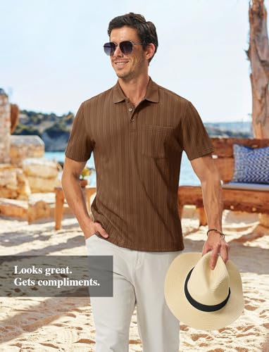 Image of TBMPOY Mens Casual Knit Polo with Pocket Textured Shirts Short Sleeve Classic Summer Vacation