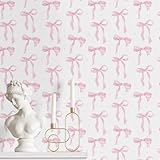 MotiMind Pink Bow Wallpaper 15.75 x 197 Inch Cute Bow Aesthetic Wallpaper Coquette Trendy Preppy Pink Peel and Stick Wall Paper Girly Adhesive Removable Coquette Room Decor for Bedroom Room Cabinets
