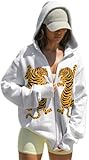 Yiulangde Women's Y2k Tiger Oversized Zip Up Hoodie Casual Harajuku Hooded Sweatshirts Drawstring Jacket Hoodies with Pockets White