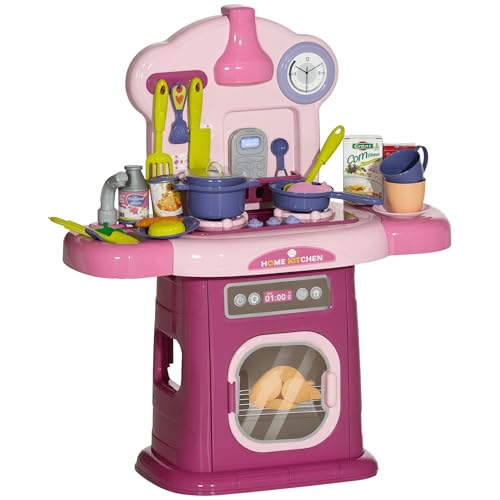 AIYAPLAY Cucina Giocattolo per Bambini 3-6 Anni con 38 Accessori, Suoni Realistici e Luce del Fornello, Gioco per Bambini in PP e ABS, 51x21x60 cm, Rosa