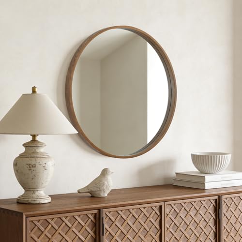 Image of WallBeyond Circle Mirror with Wood Frame, 28 inch Round Modern Decoration Large Home Decor Mirror for Bathroom Living Room Bedroom Entryway (28 inch Diameter, Walnut)
