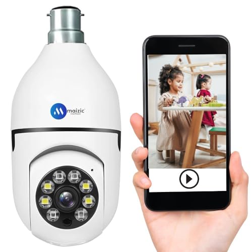 Maizic Smarthome Ultra Convenient Indian Bulb Holder Indoor Security HD 3 MP CCTV WiFi Bulb Camera w/PTZ Upto 128GB SD Card Support, Color Night Vision, Two-Way Audio, [2025 Model] Alarm, Siren