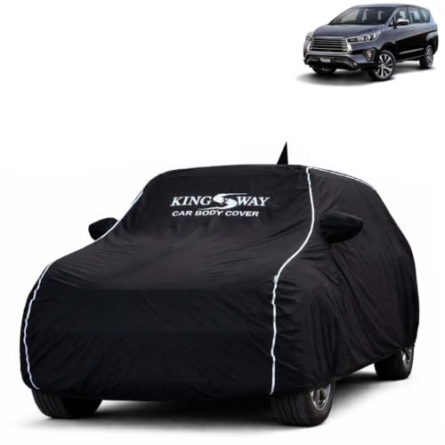 Image of KINGSWAY Super Waterproof Car Cover Only with Innova Crysta (Year 2021 Onwards - All Model) | Mirror and Antenna Pockets | All Weather Car Body Cover with Silver Piping | Black