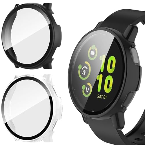 Luckyrichrui 2 Pack Hard PC Case for Garmin Vivoactive 5 Screen Protector Shockproof Anti-Scratch Bumper Cover with Tempered Glass for Garmin Vivoactive 5 Case (Black/Clear)