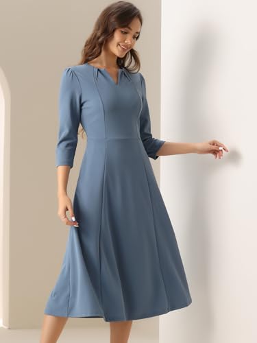 Image of Allegra K Womens 3 /4 Sleeve A-Line Business Work Formal Midi Dress | Elegant Dresses with Pockets, V Neck, Cockatail Party Church Funeral Outfits, Spring Fall Winter